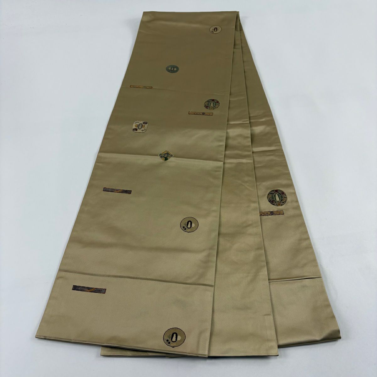 【美品】 袋帶 秀品級 關西仕立 雜幾何圖案 刺繡 金線 淺茶 六通 純蠶絲