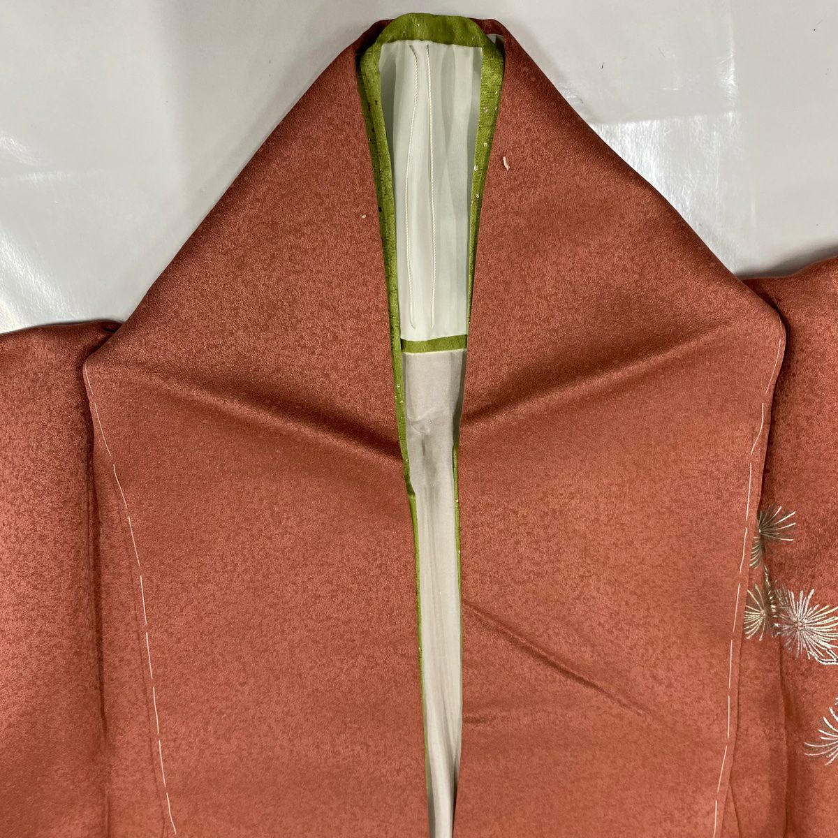 【美品】 付下 身長159.5cm 袖長64cm M 雙層 檜扇子 若松樹 螺鈿 金銀彩 鮭粉色 純蠶絲 秀品級