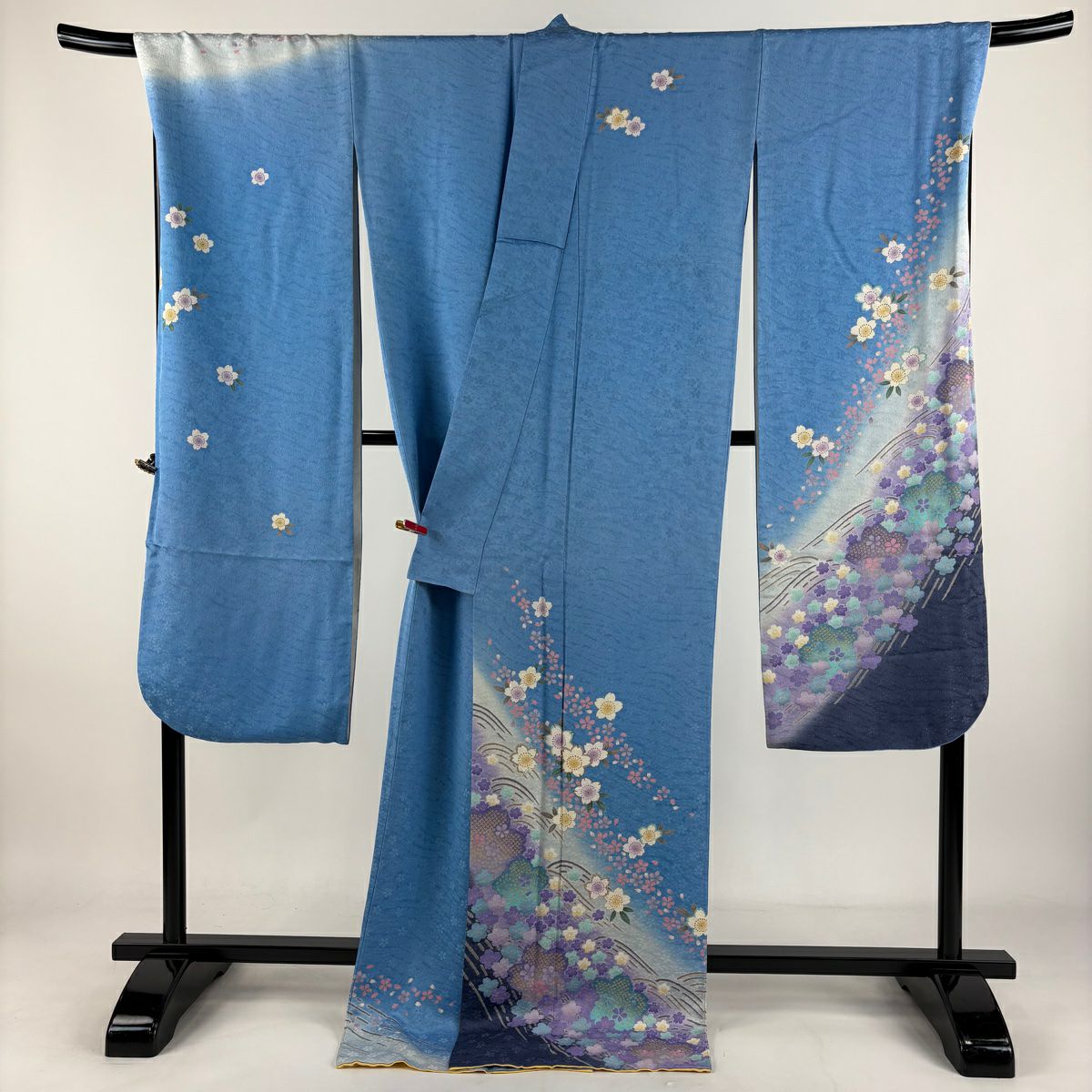 【美品】振袖禮服 身長175cm 袖長70.5cm L 雙層櫻花波金銀彩金金箔水色純蠶絲逸品級