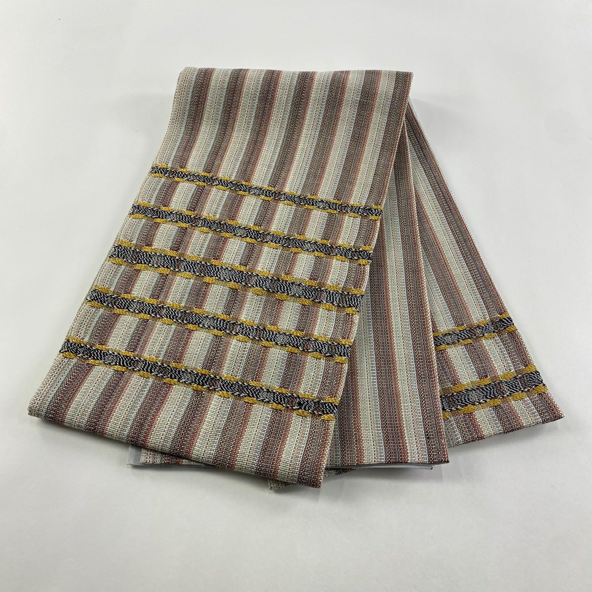 【庫存清倉】 【美品】 袋帶 名品級 條紋 銀線 灰白 大鼓圖案 純蠶絲