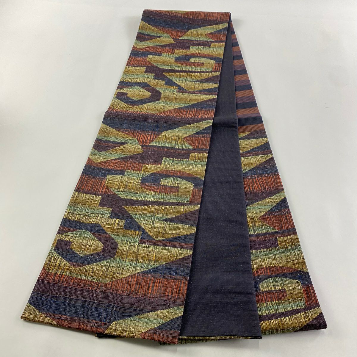 【庫存清倉】 【美品】 袋帶 名品級 幾何圖案 金絲 青紫 六通 純蠶絲