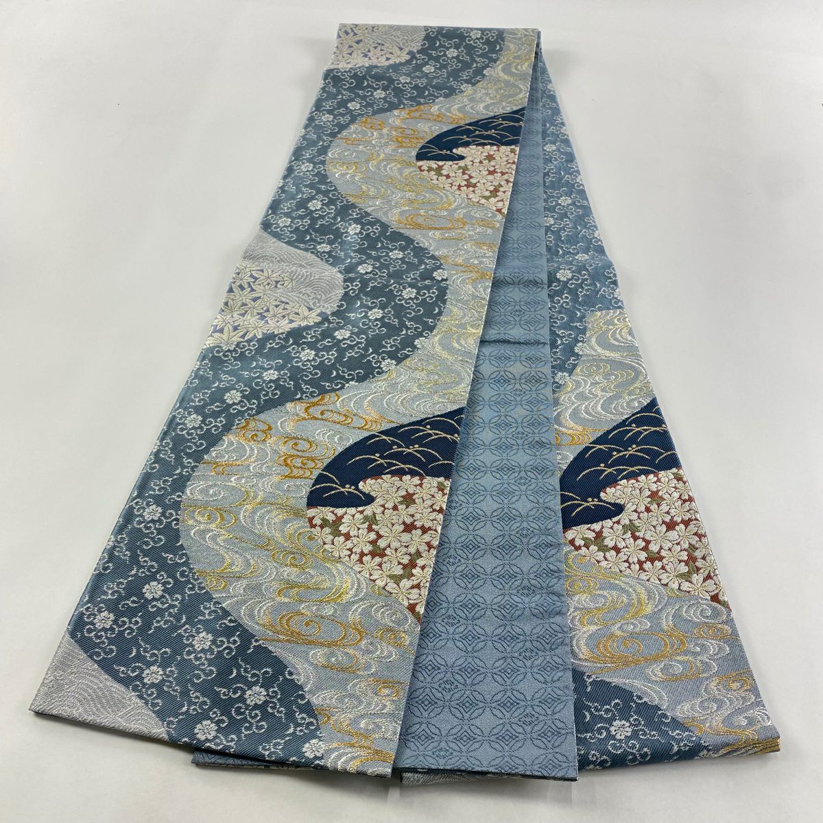 【庫存清倉】 【美品】 袋帶 名品級 櫻花 見世水 金銀絲 刺繡 青灰 六通 純蠶絲