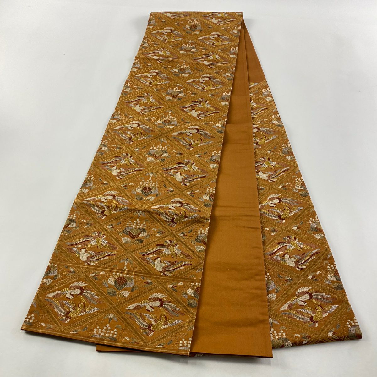 【庫存清倉】 【美品】 袋帶 名品級 河村織物 有落款 關西仕立 尾長鳥 桐 金銀糸 金金箔 茶 六通 純蠶絲