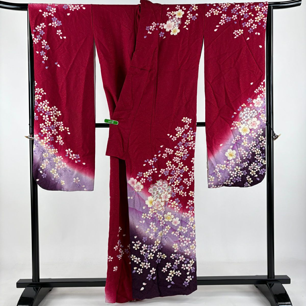 振袖禮服 身長156cm 袖長67cm M 雙層 櫻花 金絲 銀彩 紅 純蠶絲 逸品級