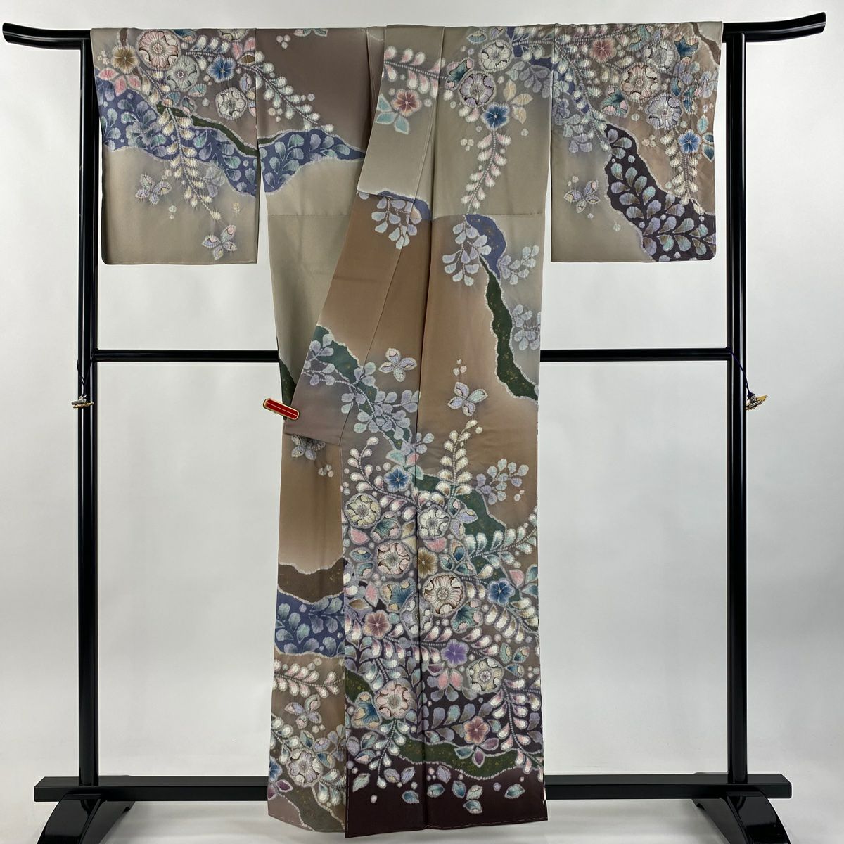 訪問服 身長160cm 袖長64cm M 雙層 翠山工房 落款あり 辻花染 銀通 金銀彩 薄茶 純蠶絲 逸品級