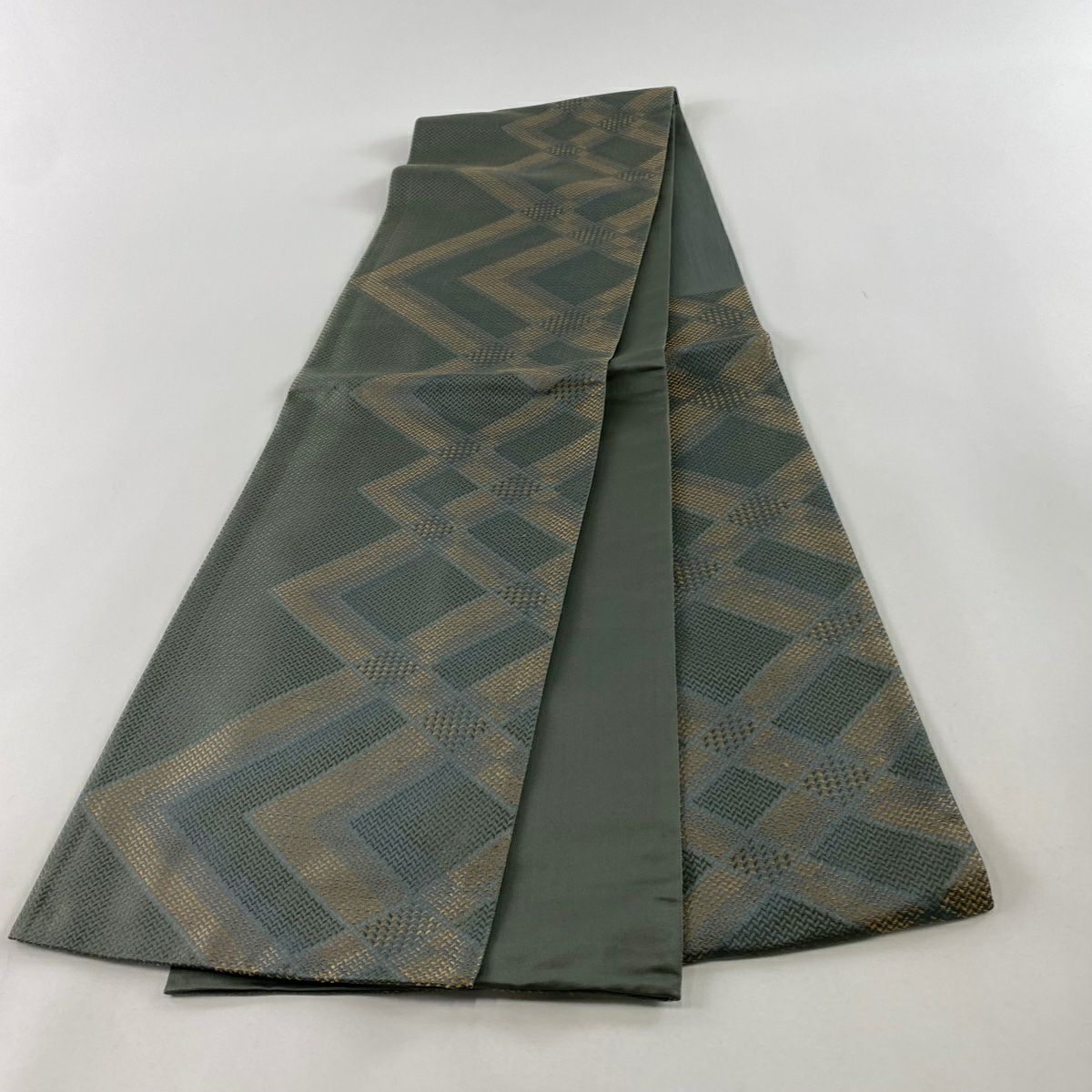 【美品】 袋帶 秀品級 幾何圖案 灰綠 六通 純蠶絲
