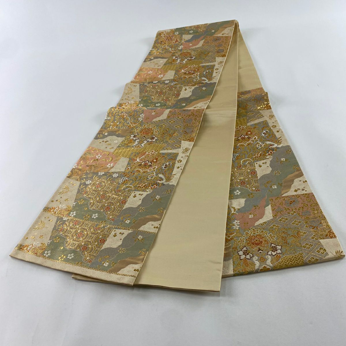 【美品】 袋帶 秀品級 關西仕立 色紙 向鳥 金絲 金金箔 米色 六通 純蠶絲