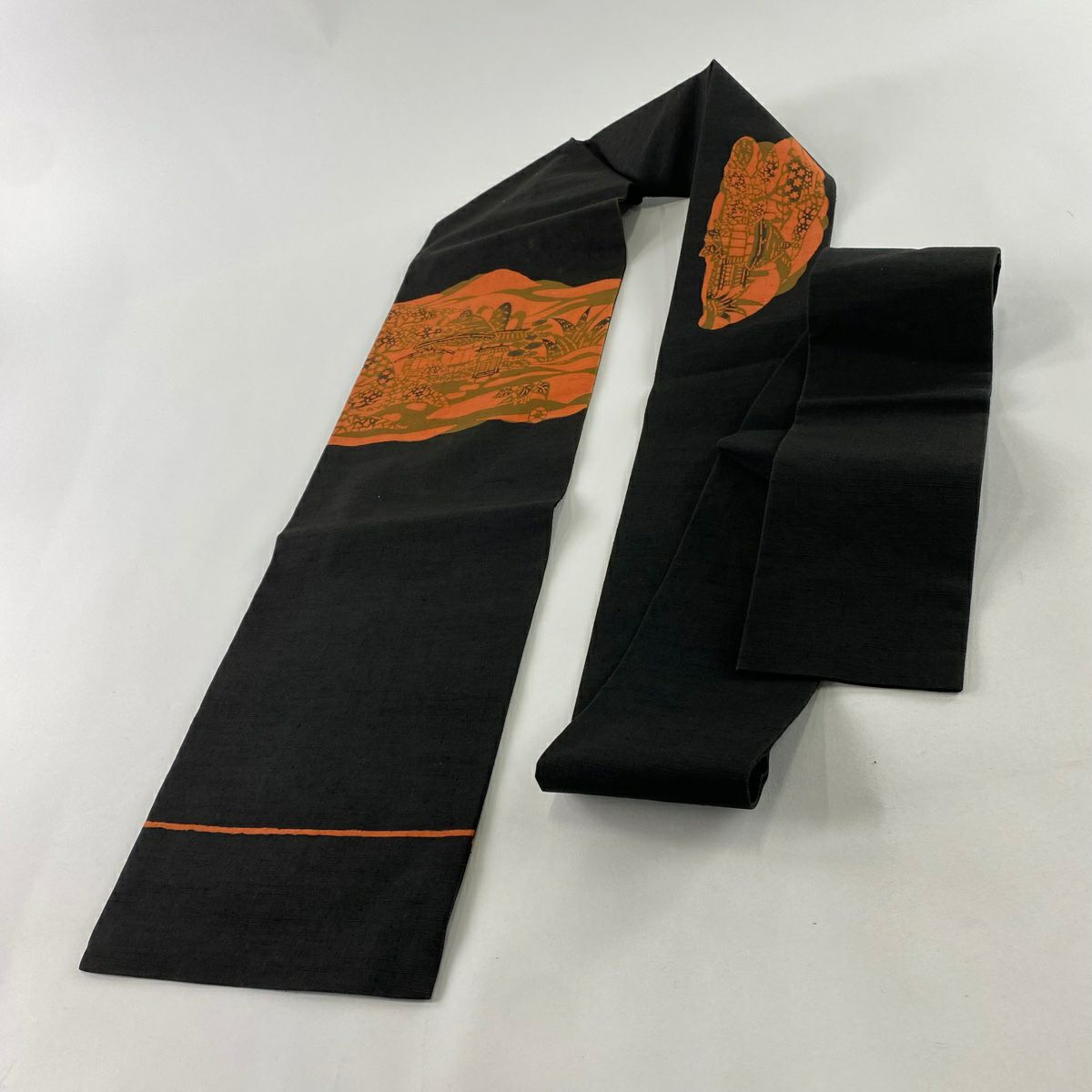 名古屋帶 秀品級 風景 山並 草木手染 黑 純蠶絲