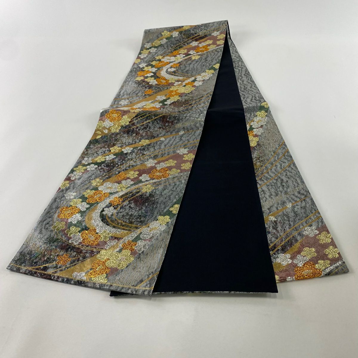【美品】 袋帶 秀品級 花 流線 金銀絲 金金箔 銀 六通 純蠶絲
