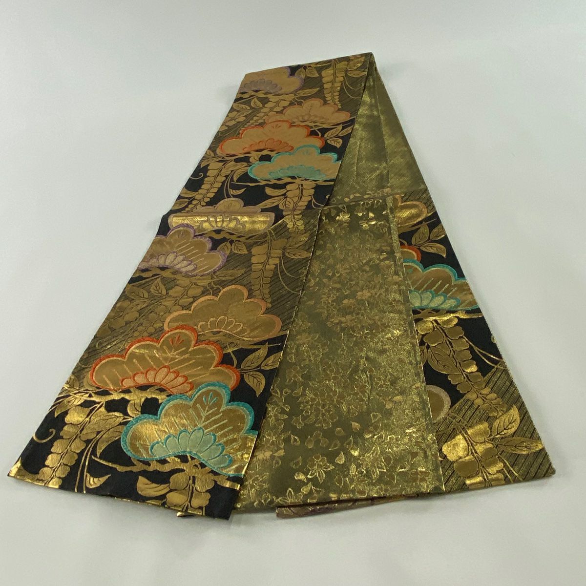 【美品】 袋帶 秀品級 笠松樹 藤 金金箔 黑 六通 純蠶絲
