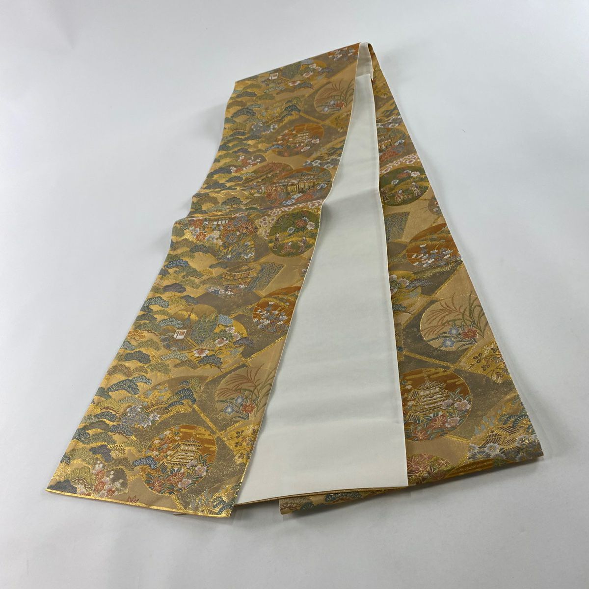 【美品】 袋帶 秀品級 千鐘錦 建物 草花紋 金絲 金金箔 金色 全通 純蠶絲