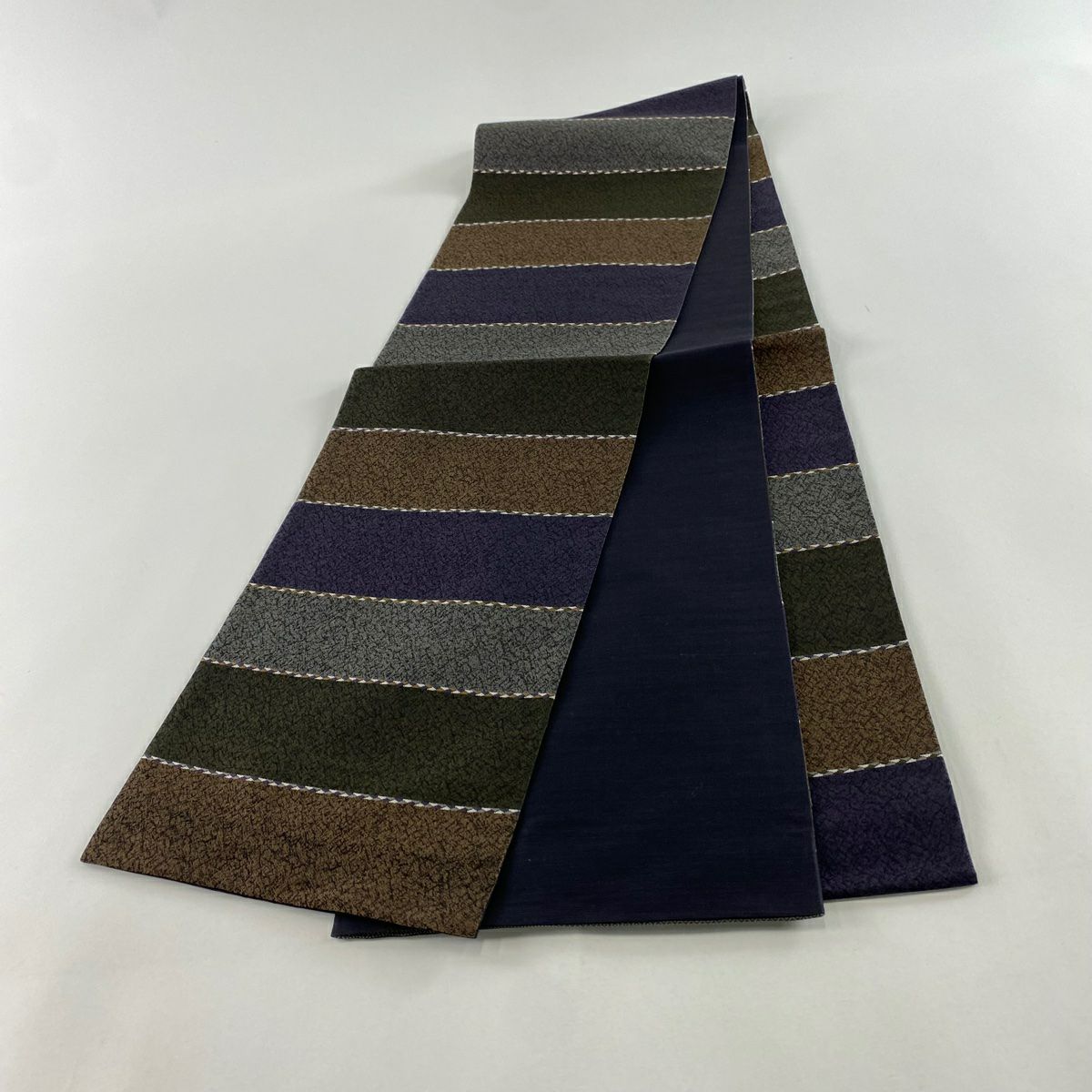 【美品】 袋帶 秀品級 縞 茶紫 全通 純蠶絲