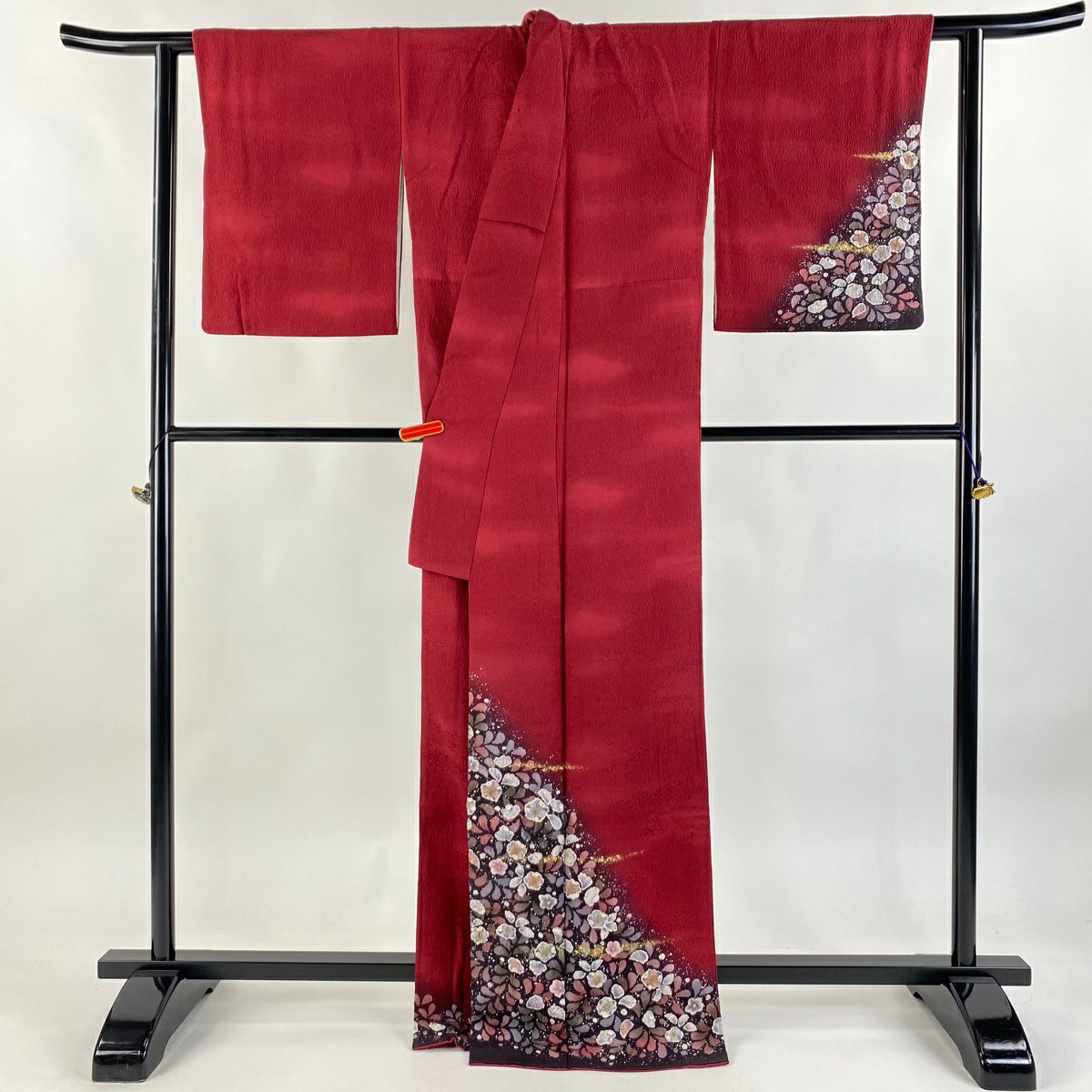 付下 身長164.5cm 袖長67cm M 雙層 德永憲峯 落款あり 辻花染 霞 金銀彩 染分 えんじ 純蠶絲 逸品級