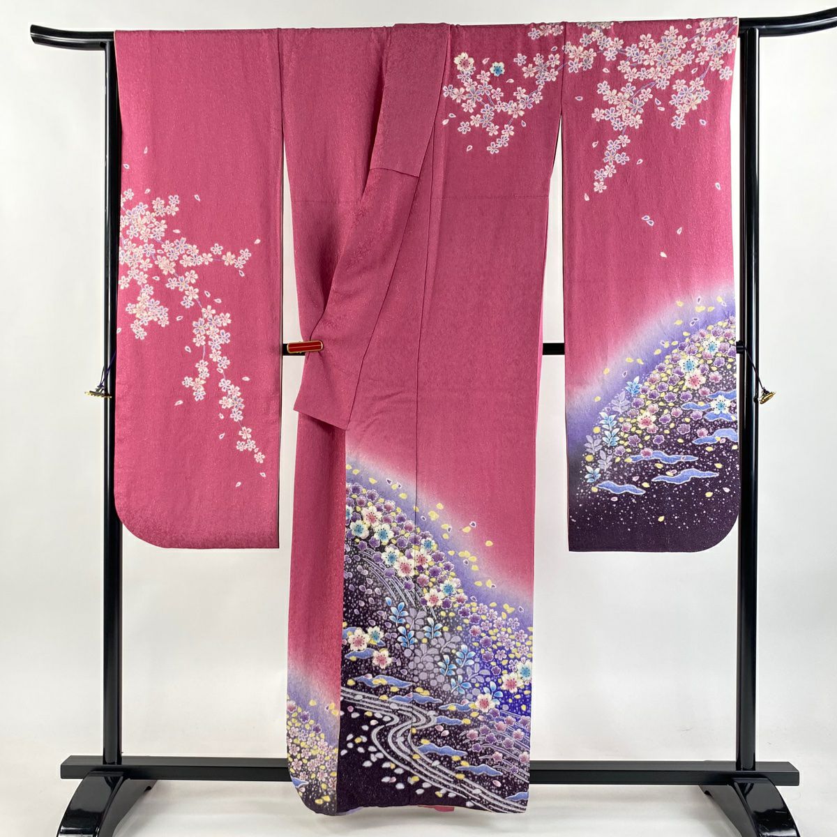 【美品】振袖禮服 身長160cm 袖長66cm M 雙層 有落款 櫻花 流水 金銀彩 絞染 粉紅 純蠶絲 逸品級