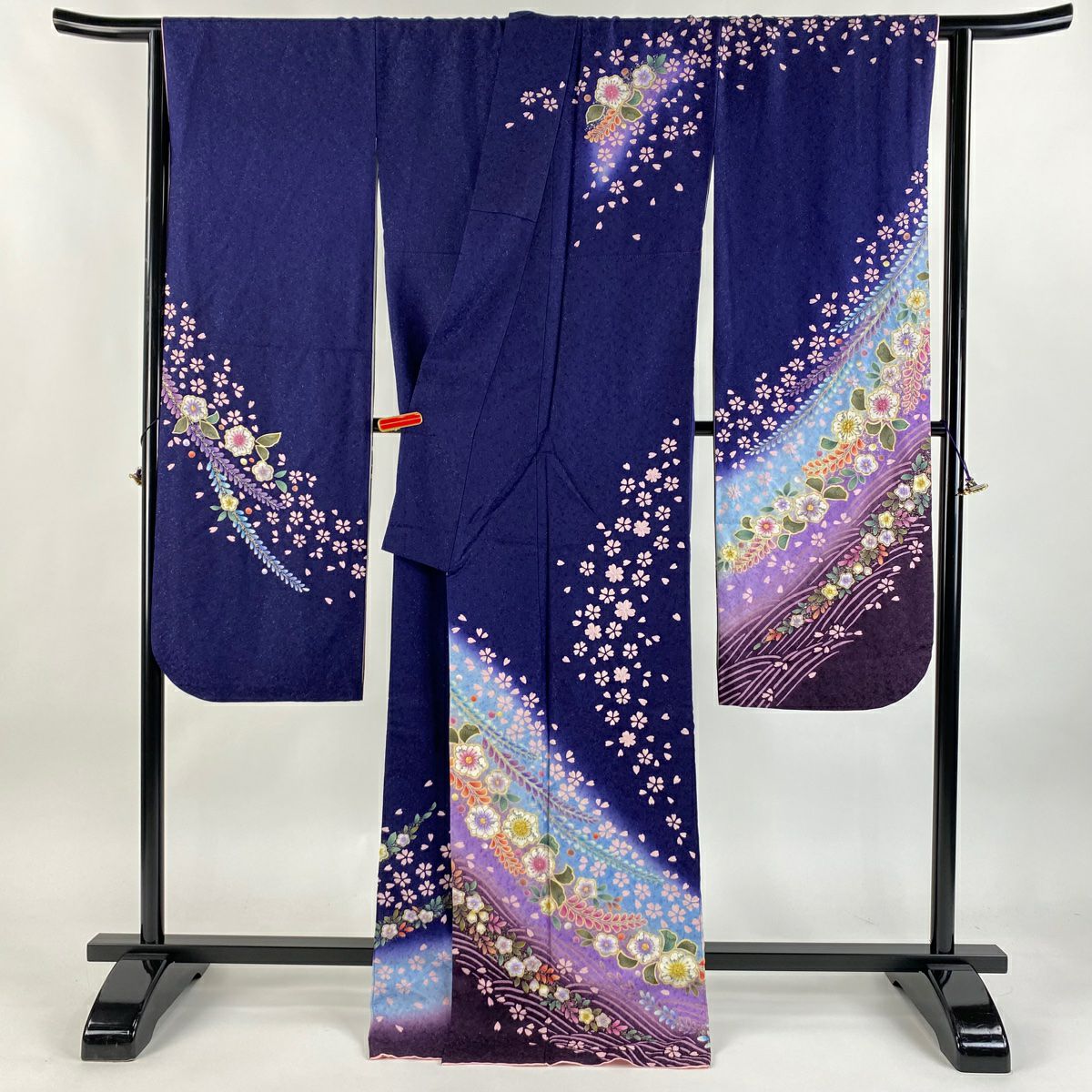 振袖禮服 身長170.5cm 袖長68.5cm L 雙層 辻花染 櫻花 銀通 金銀彩 青紫 純蠶絲 逸品級