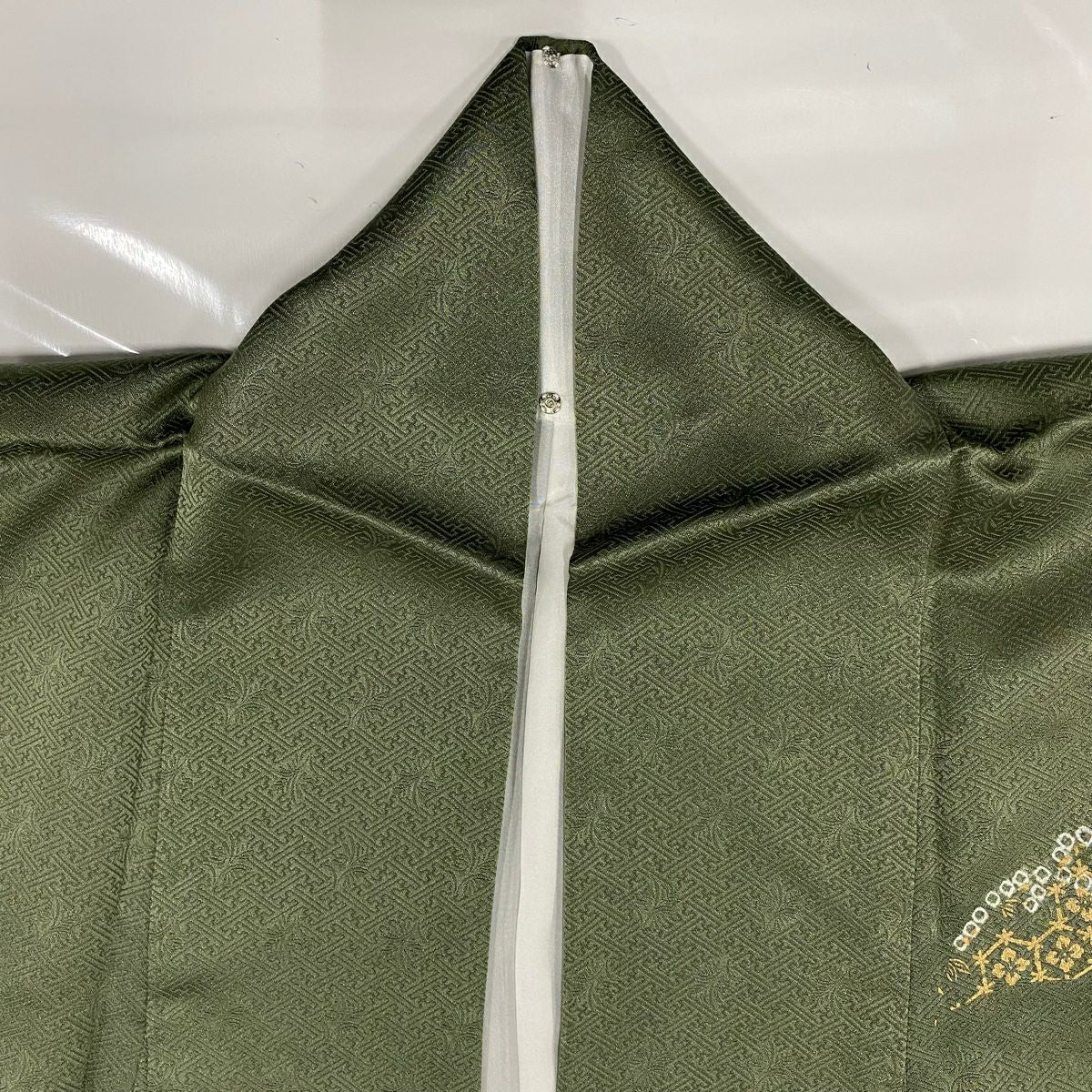 【美品】 付下 身長157cm 袖長65cm M 雙層 菊花 蝶 刺繡 金糸 綠 純蠶絲 秀品級