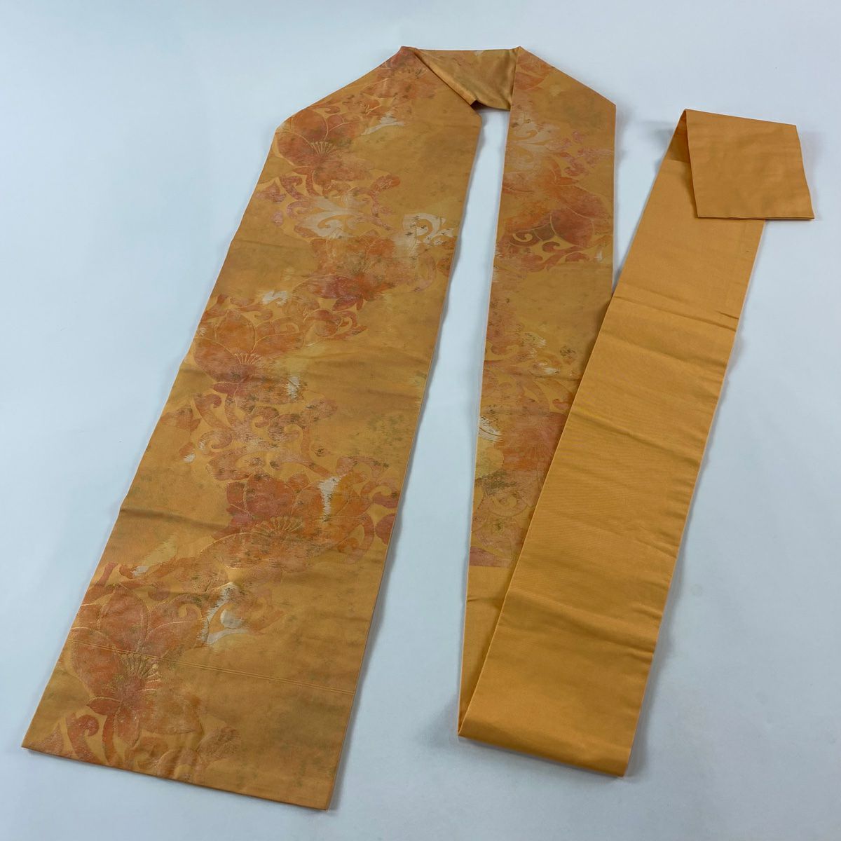 名古屋帶 優品級 草花紋紋 金金箔 橙色 純蠶絲