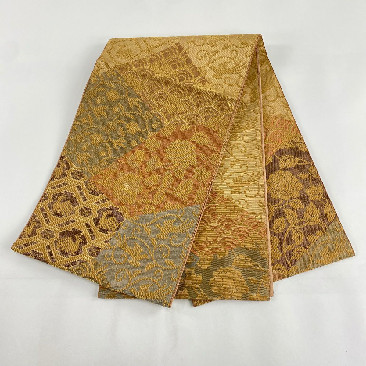 【庫存清倉】 【美品】 袋帶 名品級 有栖川文 花唐草紋 輪奈織 茶 お太鼓圖案 純蠶絲