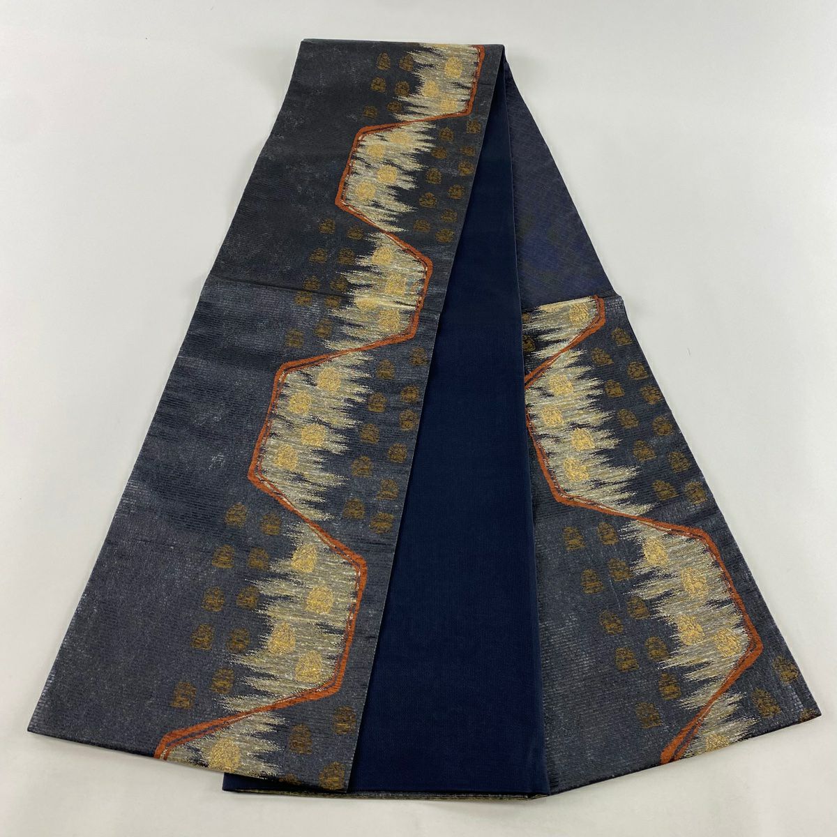 【清倉特賣】 【美品】 袋帶 名品級 動物 霞 金金箔 銀通 深藍 六通 純蠶絲