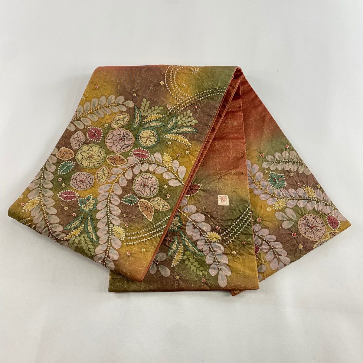 【庫存清倉】 【美品】 袋帶 名品級 附落款 辻花染 藤 金通染 色分配 橙色 大鼓圖案 純蠶絲