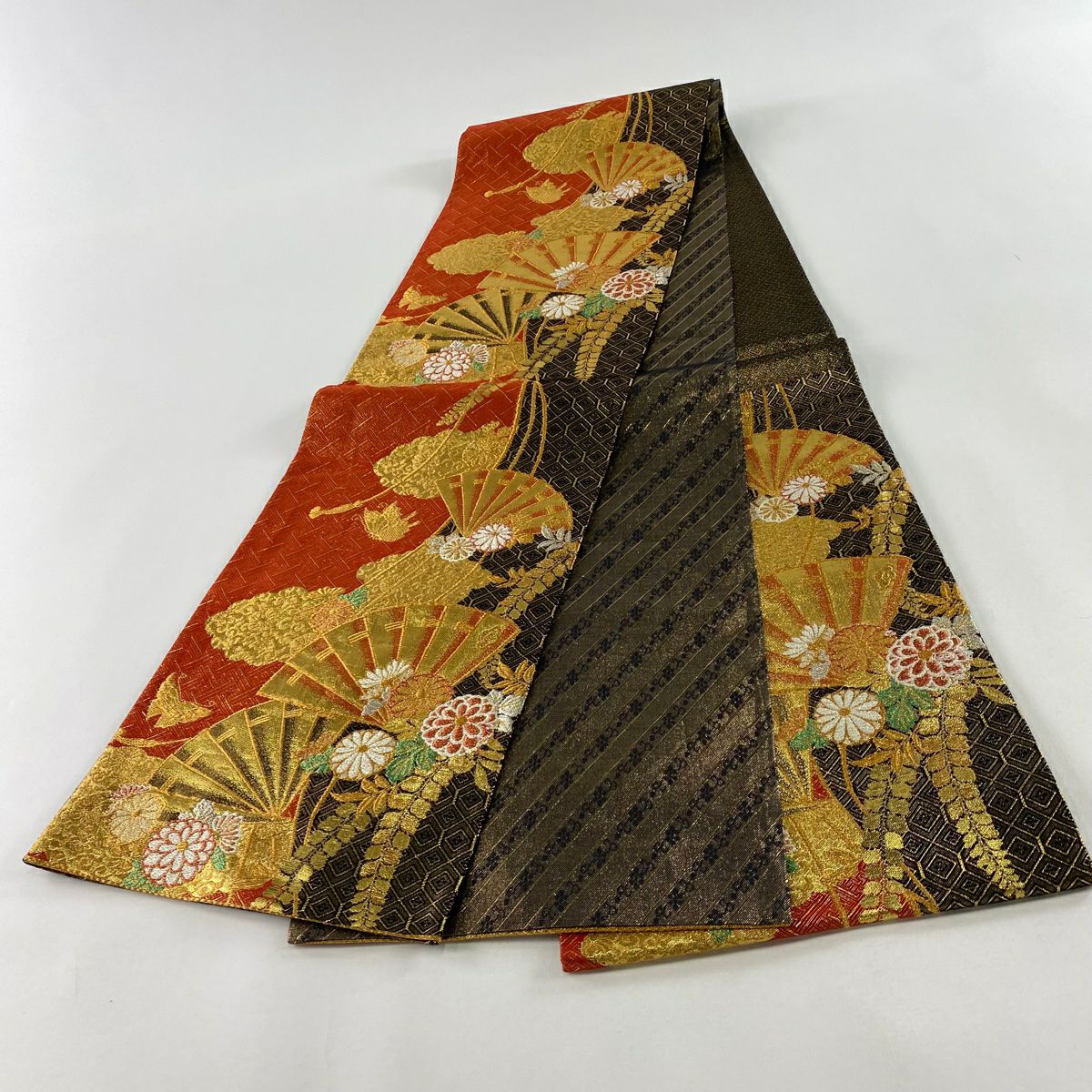袋帶 秀品級 扇子 菊花 金金箔 金絲 紅 六通 純蠶絲