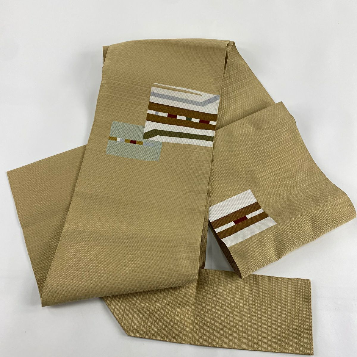 【美品】名古屋帶 優品級 八寸名古屋帶 松樹葉仕立 幾何圖案 金線 淺茶 純蠶絲
