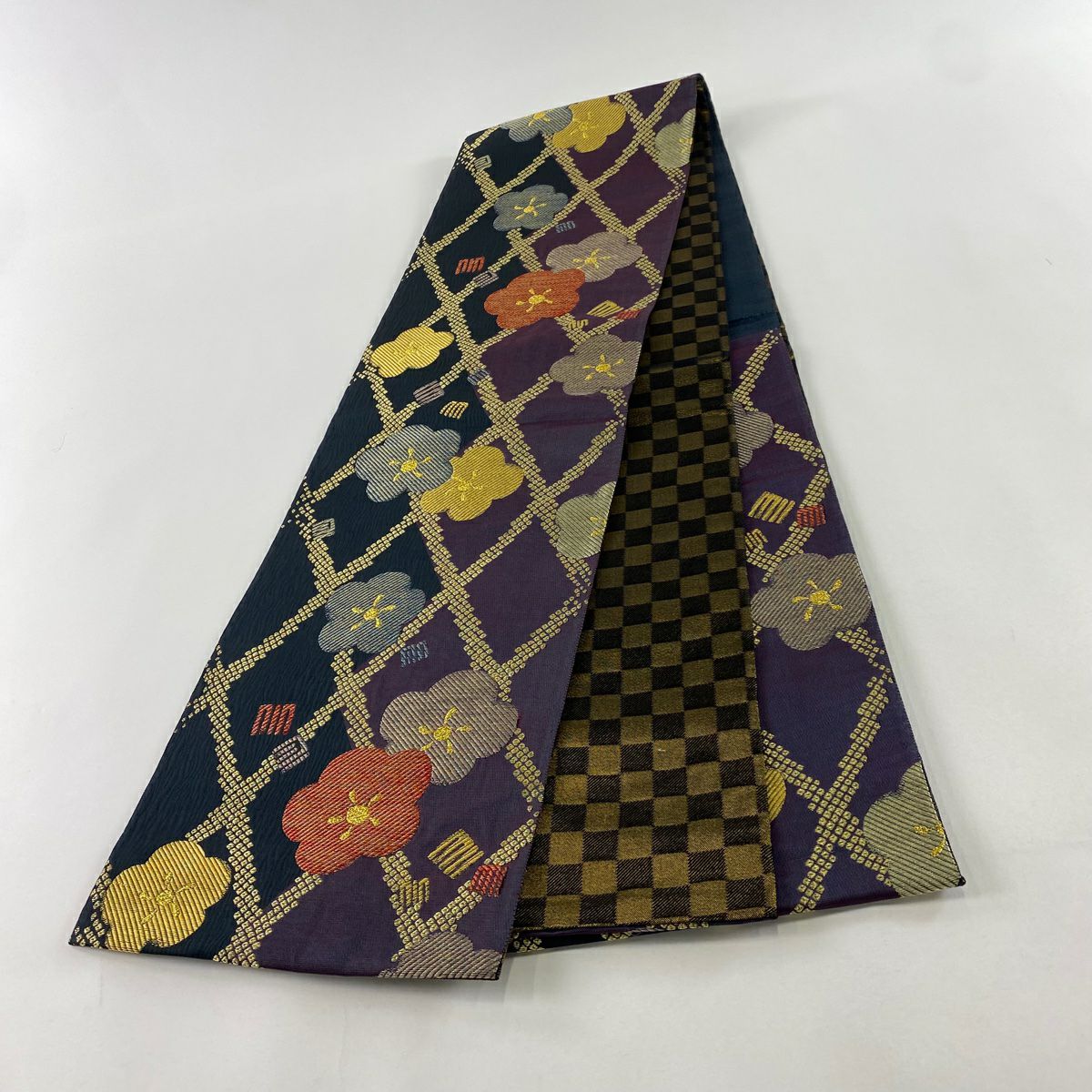 【美品】 袋帶 秀品級 梅花 源氏香 金絲 金金箔 紫 六通 純蠶絲