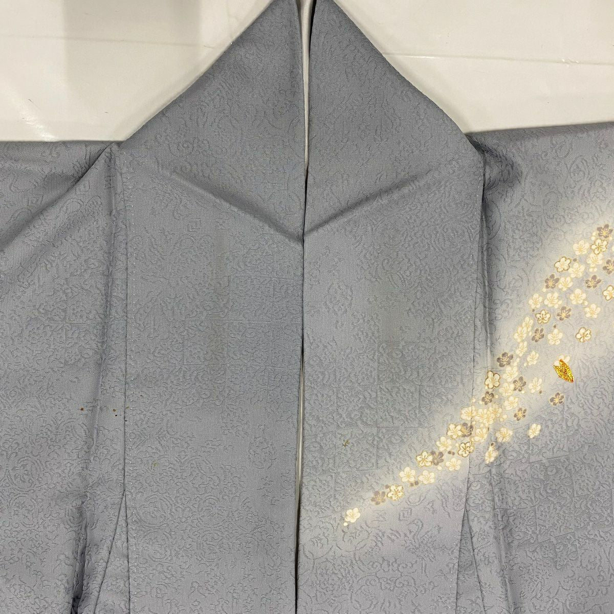 訪問服 身長160.5cm 袖長62.5cm S 雙層 落款 花 地紋 金絲 金銀彩 青灰 純蠶絲 秀品級