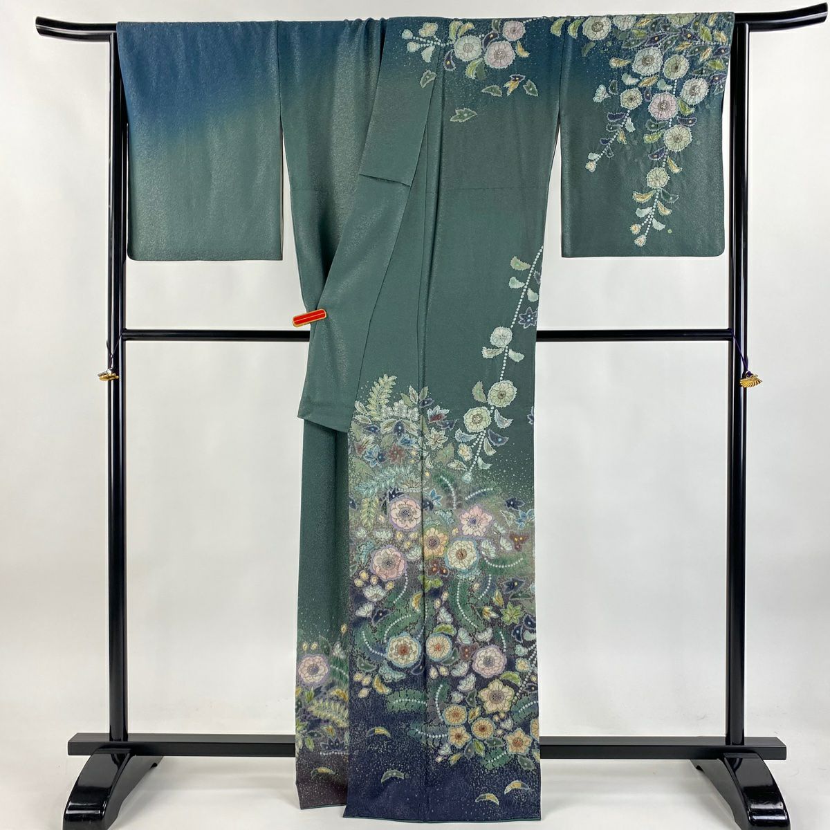 【美品】訪問服 身長167cm 袖長67cm M 雙層 吉乃一廉 落款あり 辻花染 銀通し 綠 純蠶絲 逸品級