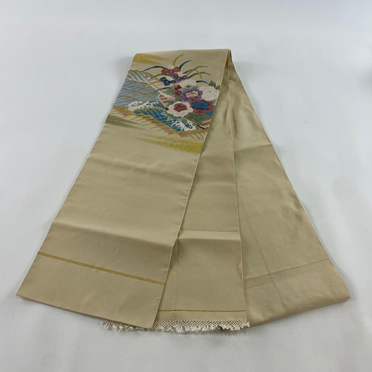 名古屋帶 秀品級 八寸名古屋帶 草花紋紋 波頭 金絲 米色 純蠶絲