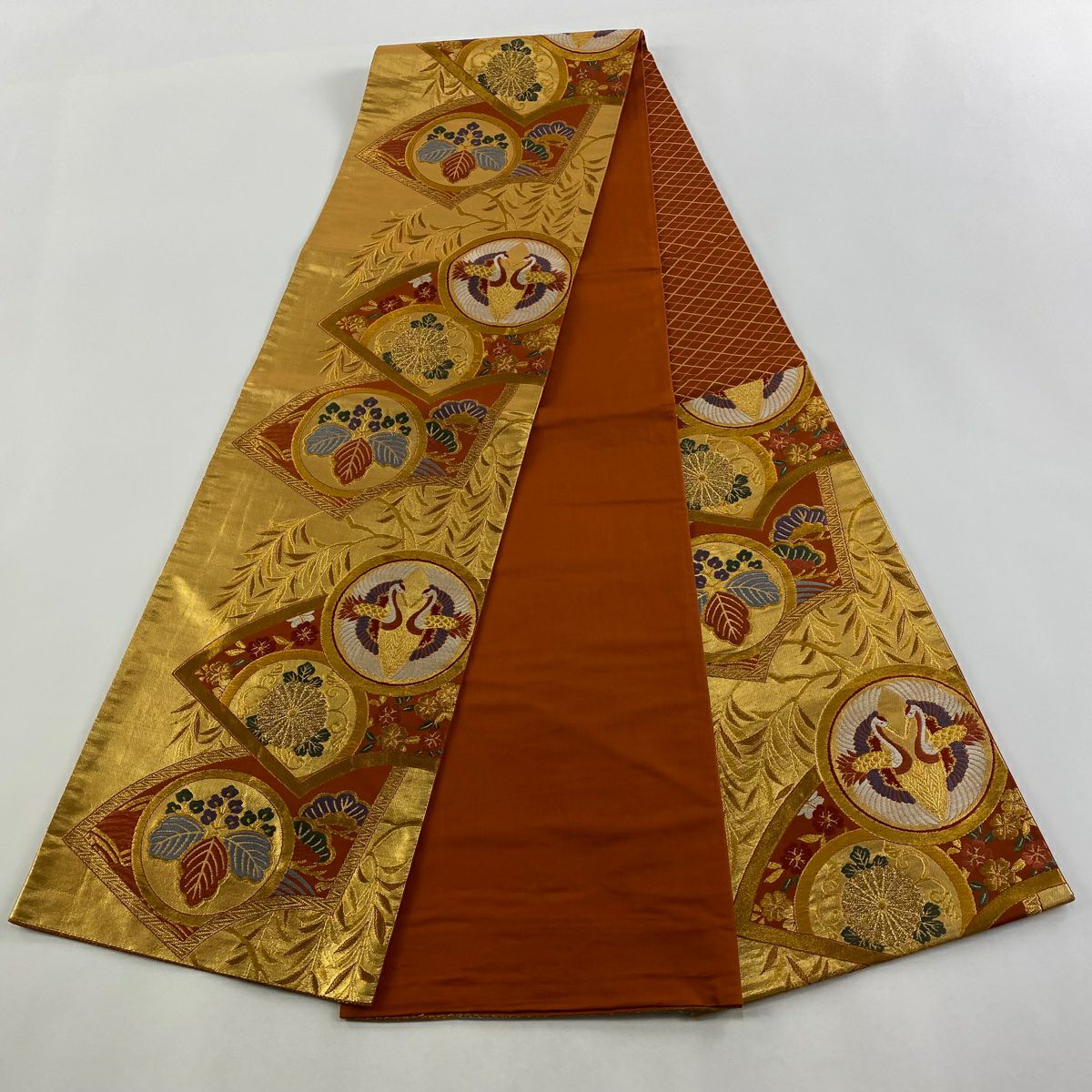 袋帶 秀品級 仙鶴 桐 金絲 刺繡 金色 六通 純蠶絲