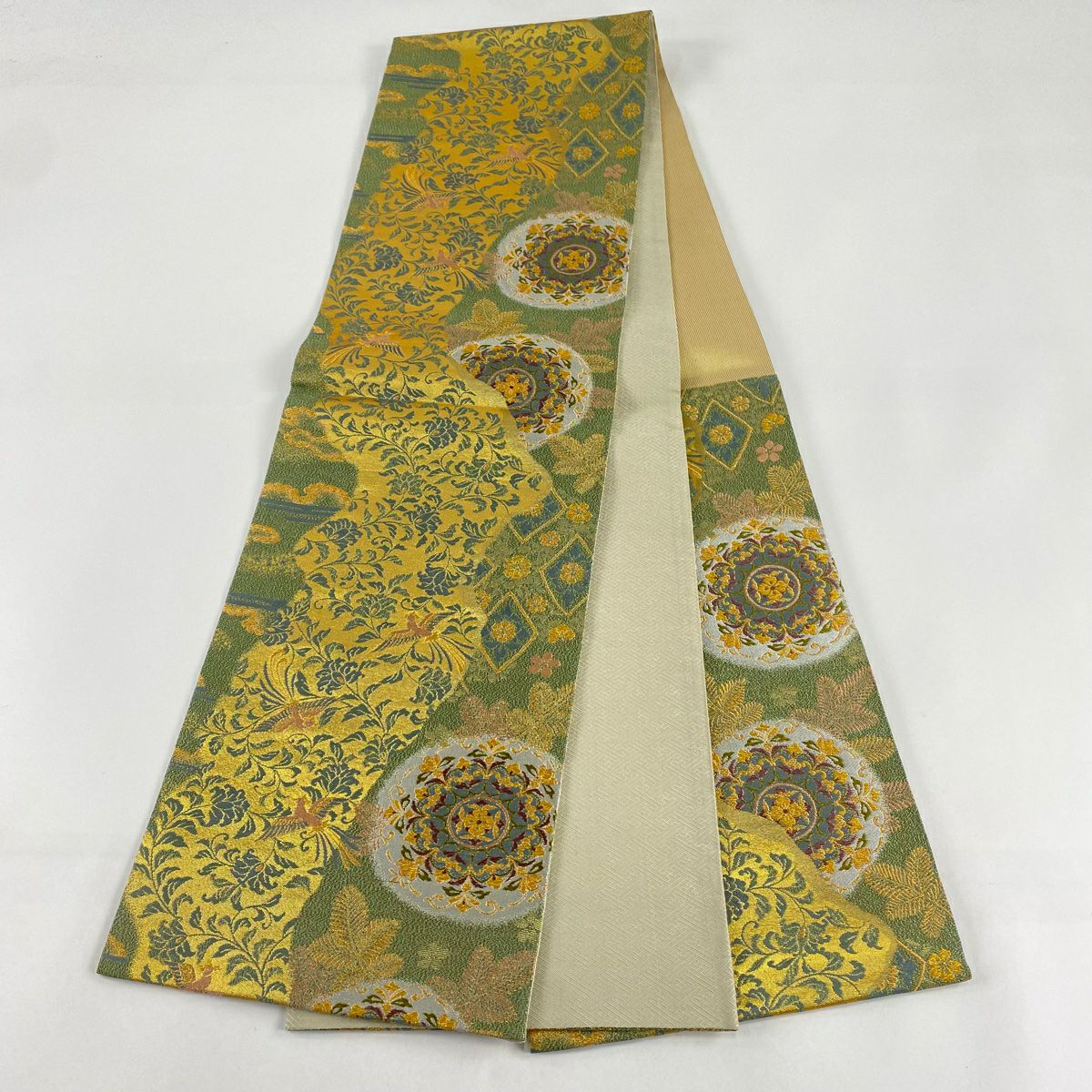 【美品】 袋帶 秀品級 華紋 花鳥 金絲 金金箔 灰綠 六通 純蠶絲