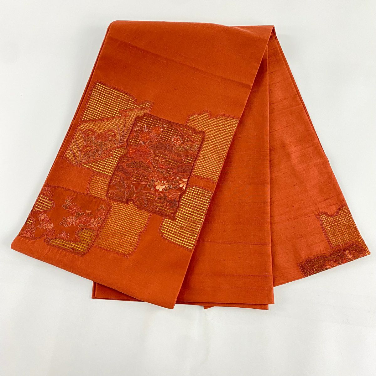 【美品】 袋帶 秀品級 紬織織 破れ色紙 松樹梅花 刺繡 小豆 深藍色 お太鼓柄 純蠶絲