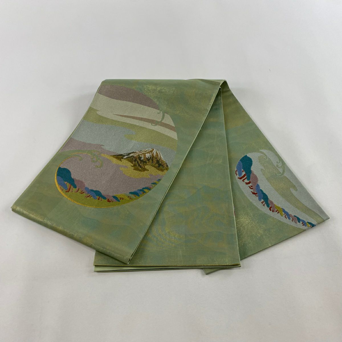 袋帶 秀品級 本金青銅金金箔 波頭 松樹 金銀絲 金金箔 灰綠 お太鼓圖案 純蠶絲