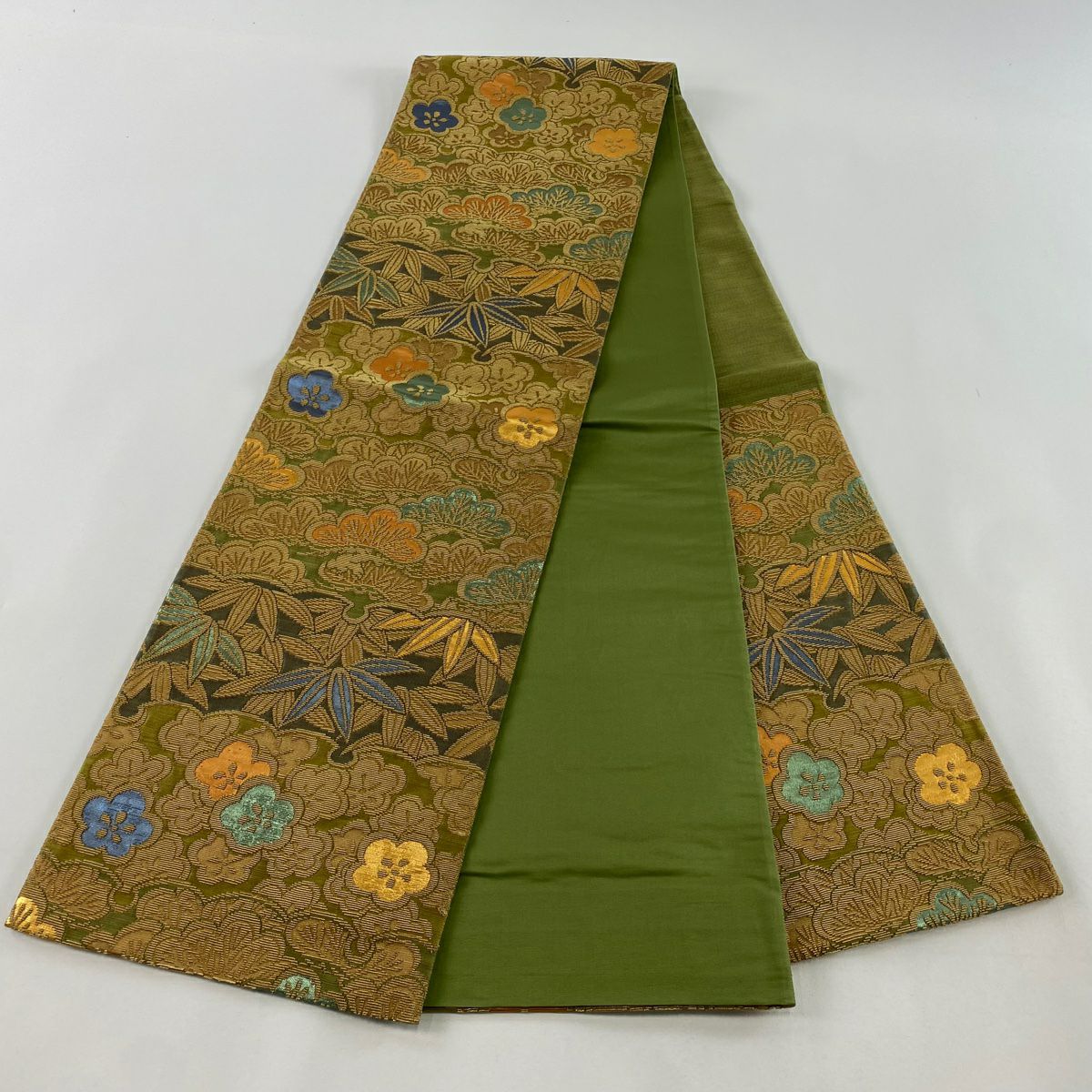 【美品】 袋帶 逸品級 花井幸子 落款あり 金華山織 松樹竹子梅花 金金箔 金糸 蓬色 六通 純蠶絲
