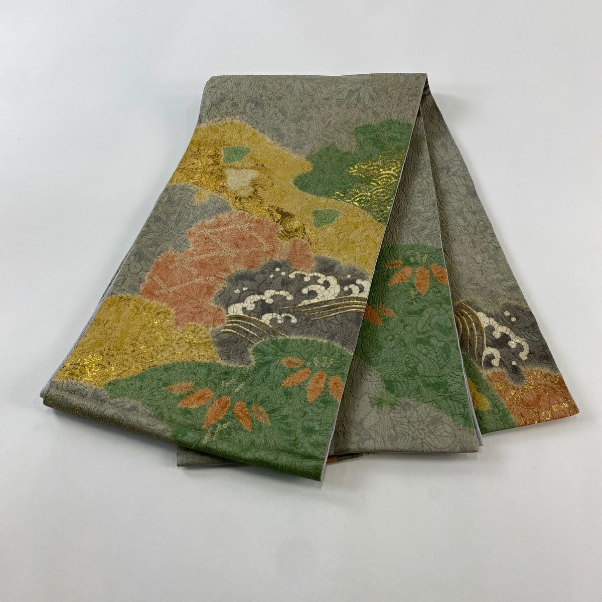 【庫存清倉】 袋帶 名品級 波頭 笹 金銀彩 金銀線 灰色 大鼓圖案 純蠶絲