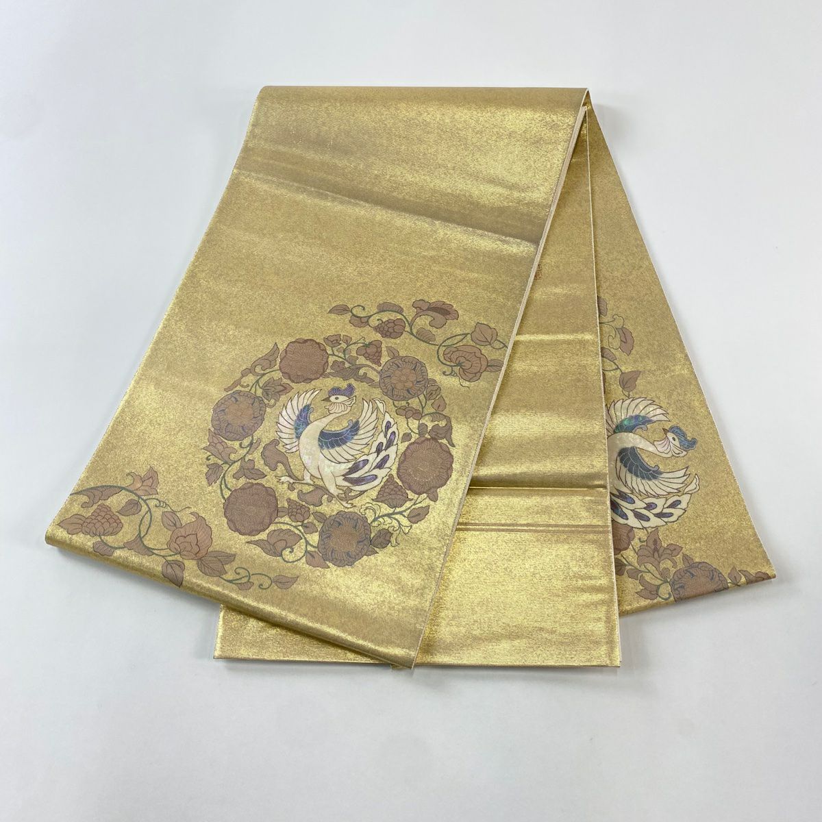【庫存清倉】 袋帶 名品級 附落款 香織絲 鳳凰 花唐草紋 金金箔 螺鈿金金箔 金色 大鼓圖案 純蠶絲