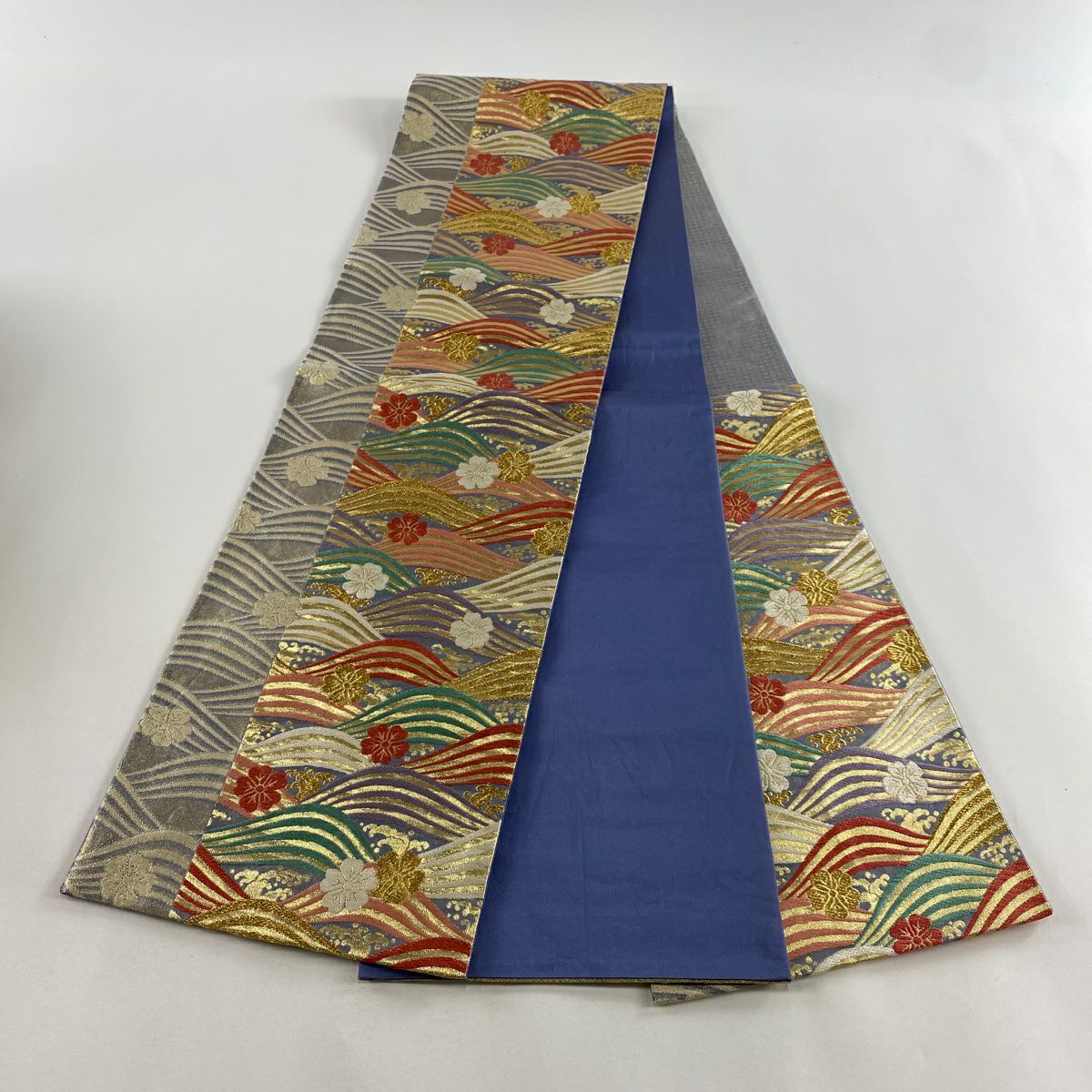 【美品】 袋帶 秀品級 樱花 波紋 金金箔 金絲 金色 六通 純蠶絲