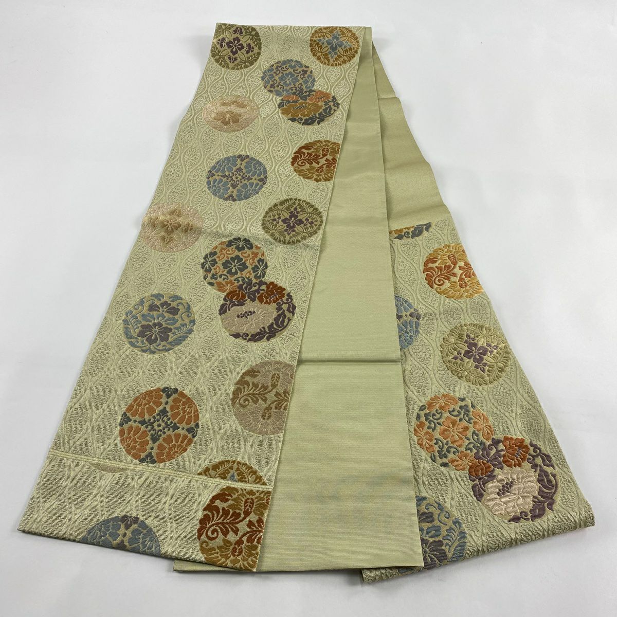 【庫存清倉】 【美品】 袋帶 名品級 華紋 花唐草紋 金絲 刺繡 灰綠 六通 純蠶絲