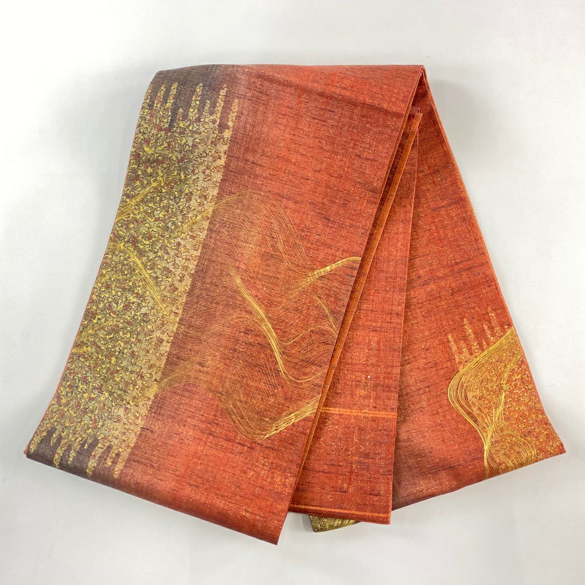 【庫存清倉】 【美品】 袋帶 名品級 關西仕立 雜幾何圖案 金絲 茜色 大鼓圖案 純蠶絲