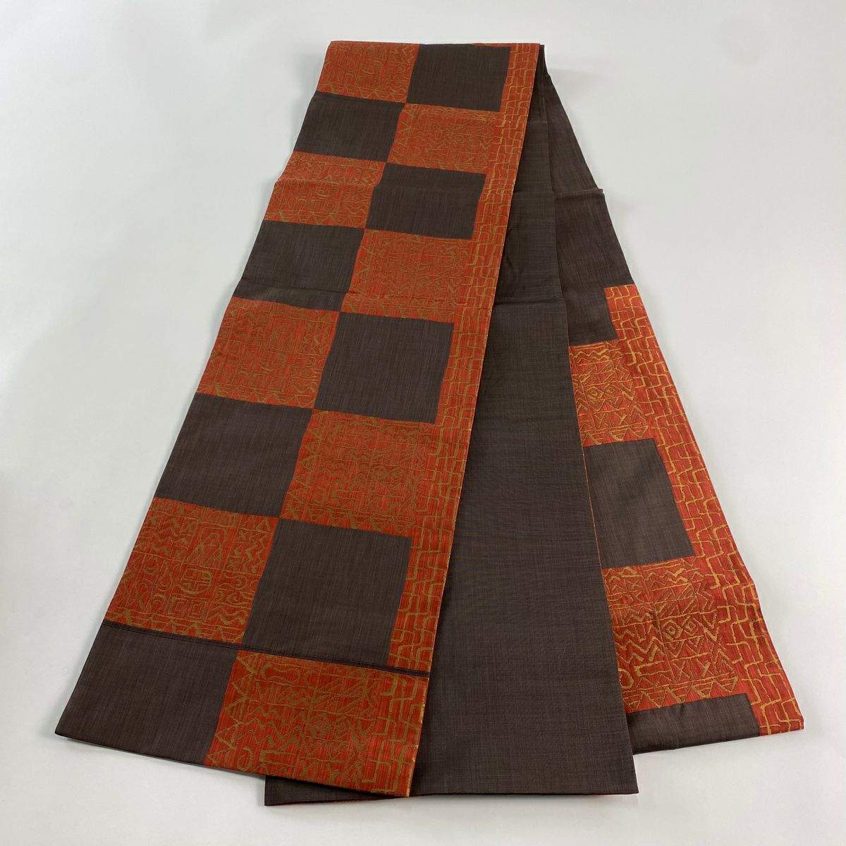 【庫存清倉】 【美品】 袋帶 名品級 木屋太 落款 市松樹 文字 茶紫 六通 純蠶絲