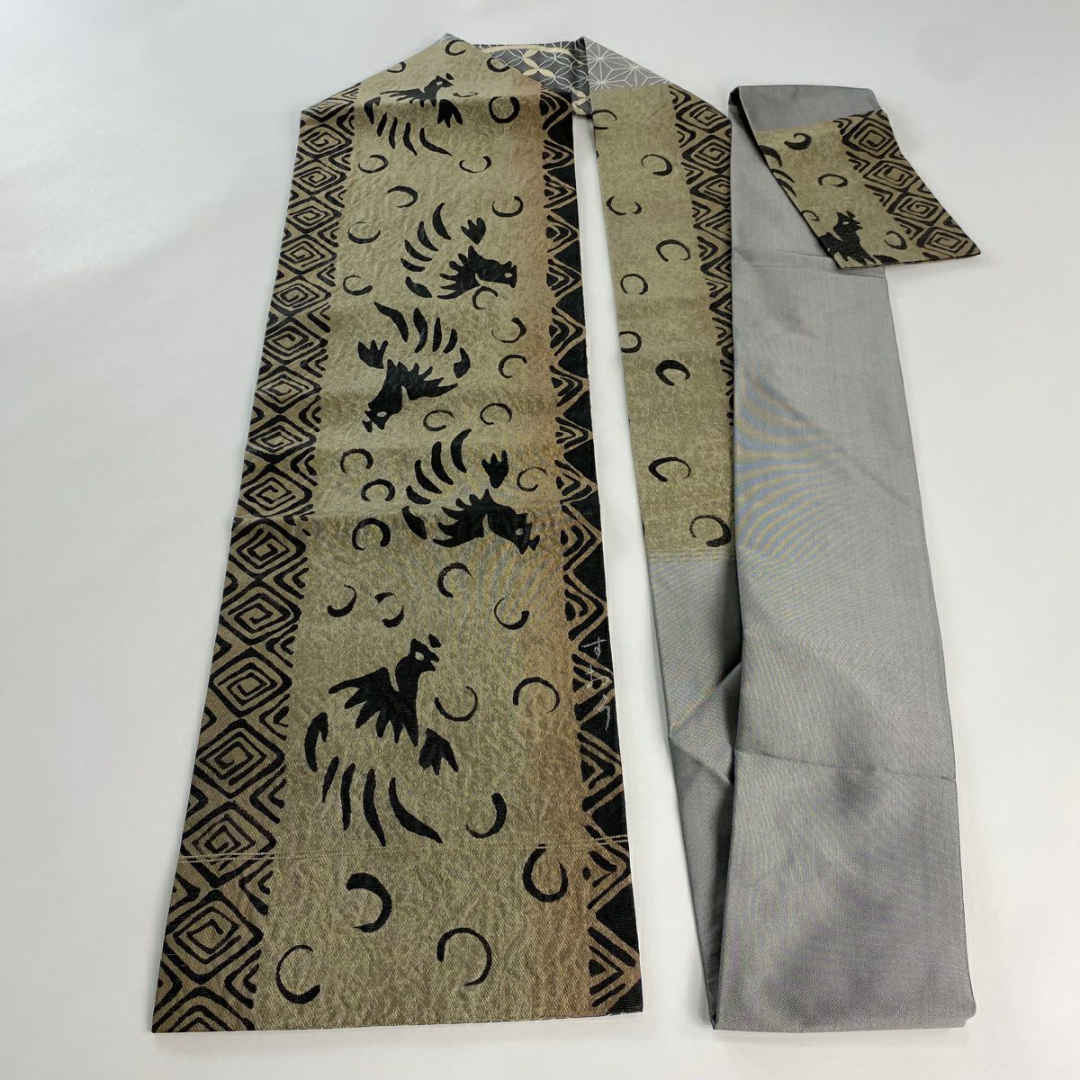 【美品】名古屋帶 名品級 鳥 菱 金通 金金箔 灰茶 純蠶絲