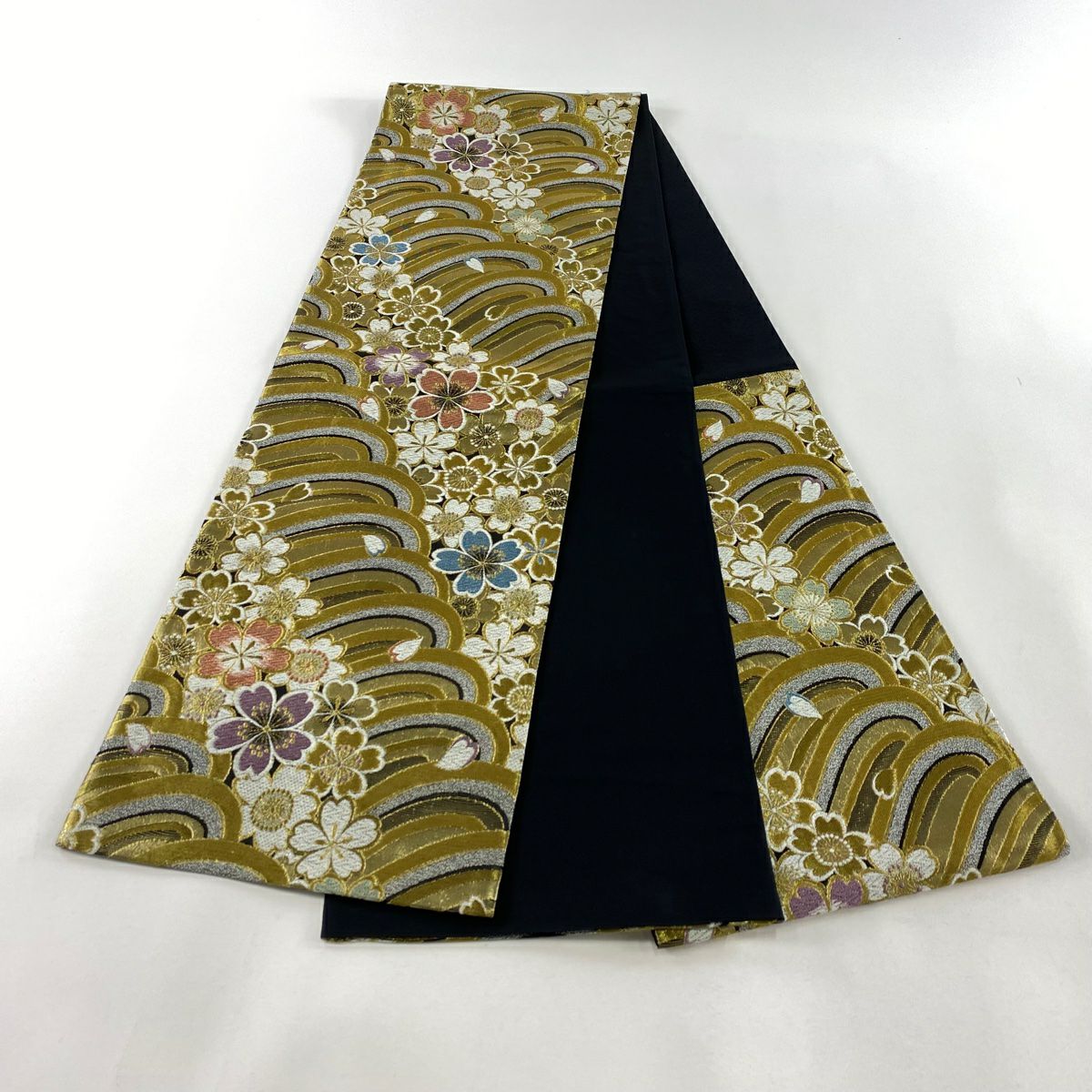 袋帶 秀品級 樱花 波紋 金金箔 拉麵絲 金色 六通 純蠶絲
