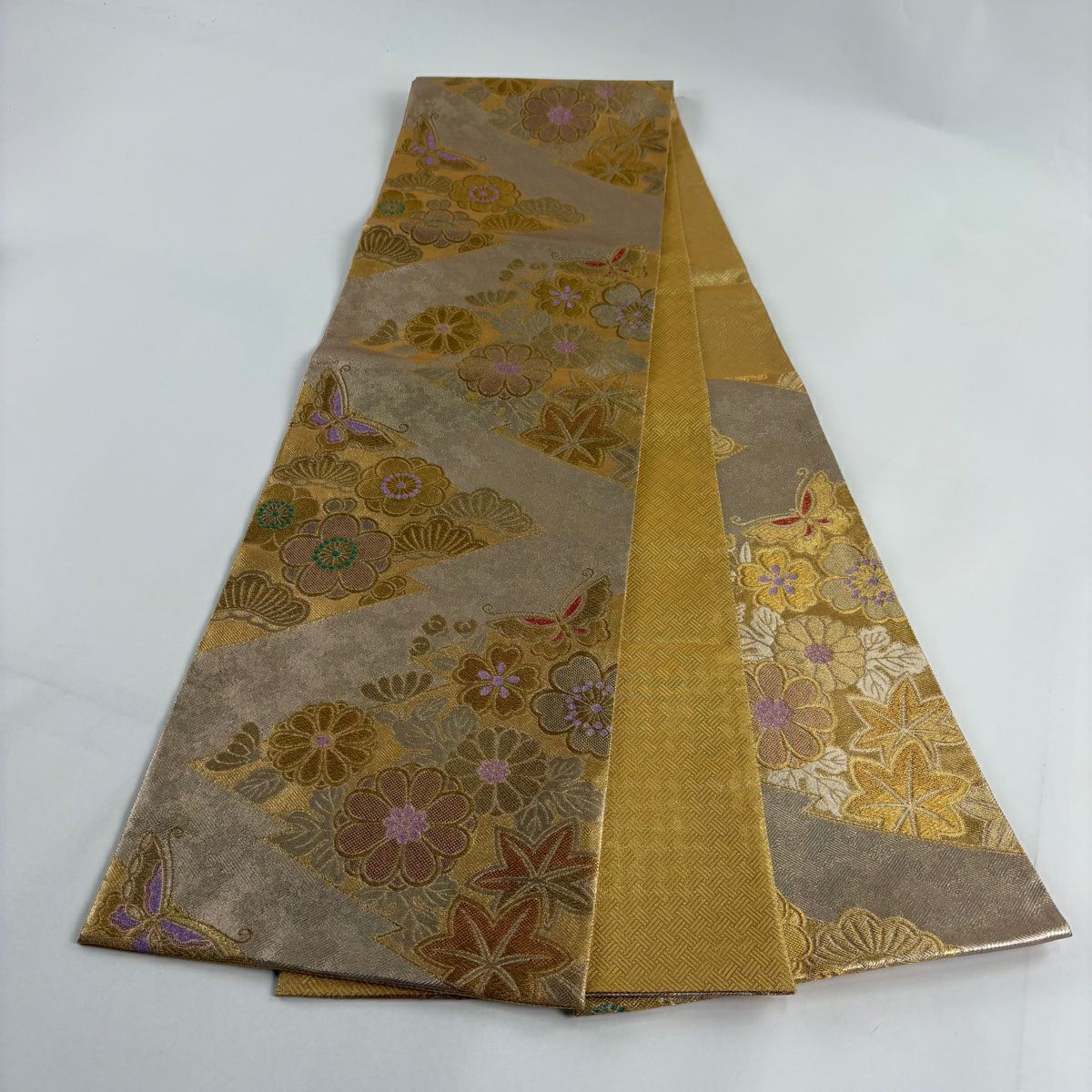 袋帶 秀品級 振袖禮服禮服用櫻楓 蝴蝶 金絲 金金箔 金色 六通 純蠶絲