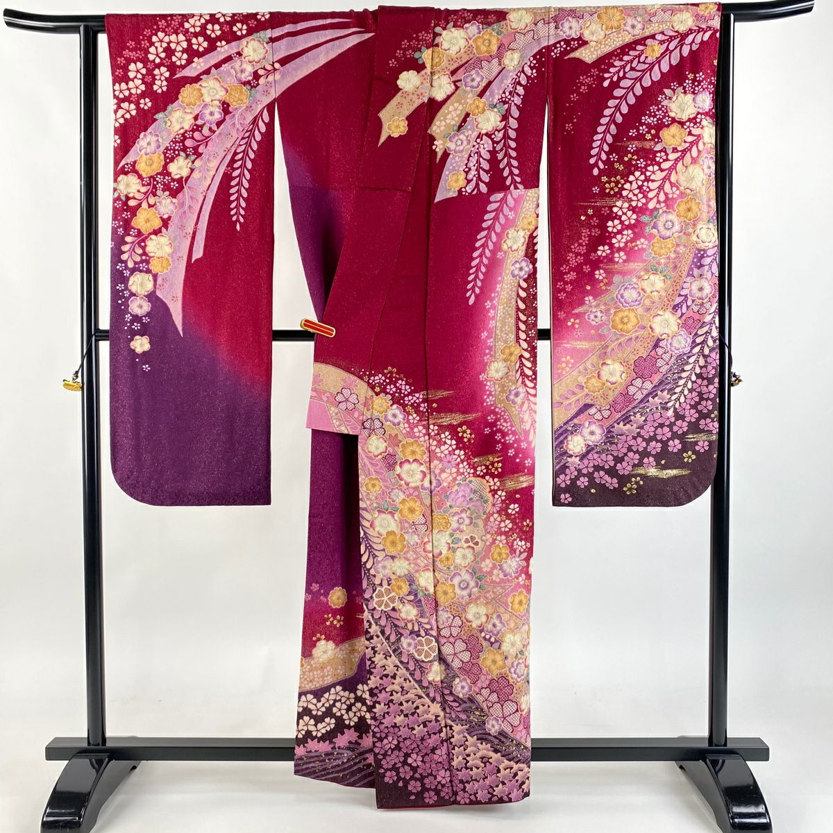 振袖禮服 身長158.5cm 袖長66.5cm M 雙層 櫻花 雪輪 金通 金銀彩 深粉 純蠶絲 逸品級