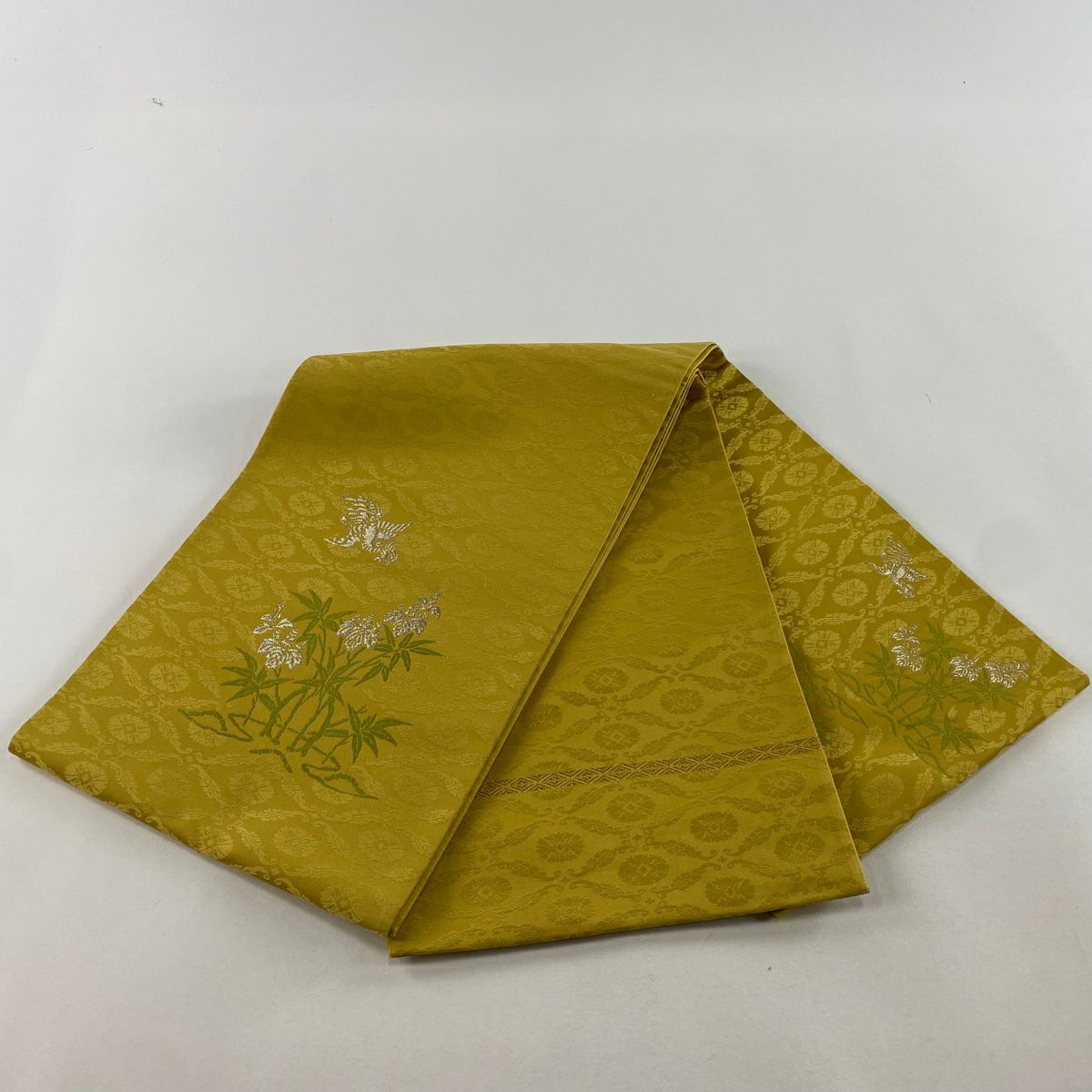 【美品】 袋帶 逸品級 落款あり 桐竹子鳳凰 金金箔 黃土 深藍色 お太鼓柄 純蠶絲