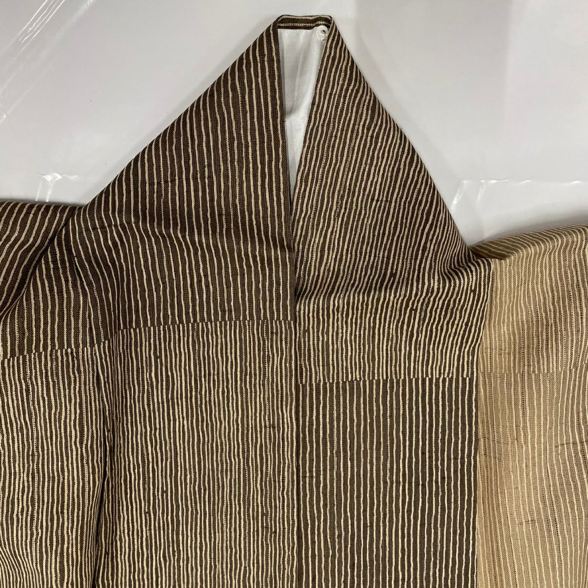 【庫存清倉】 【美品】 紬織 身長154cm 袖長61cm S 雙層 條紋 變化市松樹 茶 純蠶絲 名品級