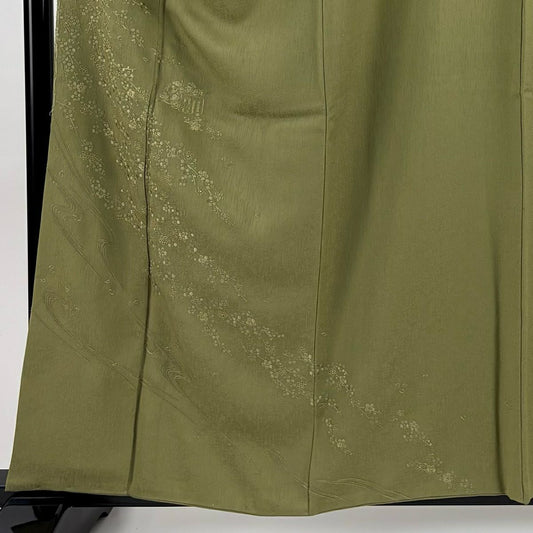 【庫存清倉】 【美品】 付下 身長160cm 袖長62.5cm S 雙層 梅花花 源氏香 金絲 刺繡 艾草綠 純蠶絲 名品級
