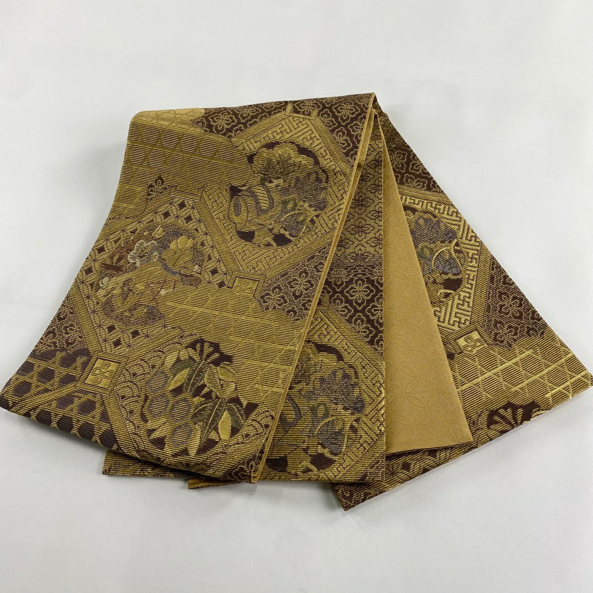 【庫存清倉】 【美品】 袋帶 名品級 寶盡くし 雲紋 金絲 金色 大鼓圖案 純蠶絲