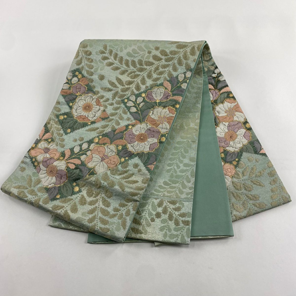 【庫存清倉】 【美品】 袋帶 名品級 辻花染圖案 金金箔 淺綠色 大鼓圖案 純蠶絲